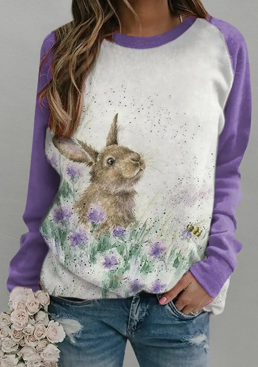 EFOFEI Womens Easter Bunny Sweatshirts Casual Cute Rabbit Tops Oversized Long Sleeve Shirts