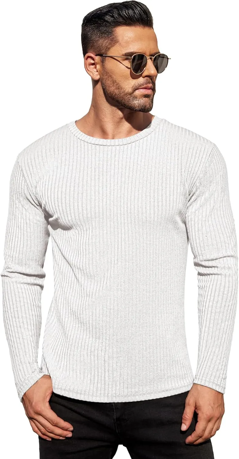 ELESOL Men's Long Sleeve Shirts Ribbed Pullover Sweater Sim Fit Thermal Tops Crew Neck Stretchy Undershirts