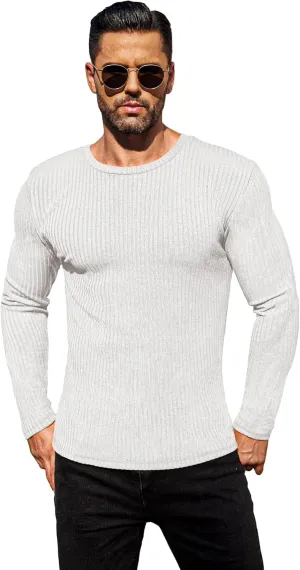 ELESOL Men's Long Sleeve Shirts Ribbed Pullover Sweater Sim Fit Thermal Tops Crew Neck Stretchy Undershirts
