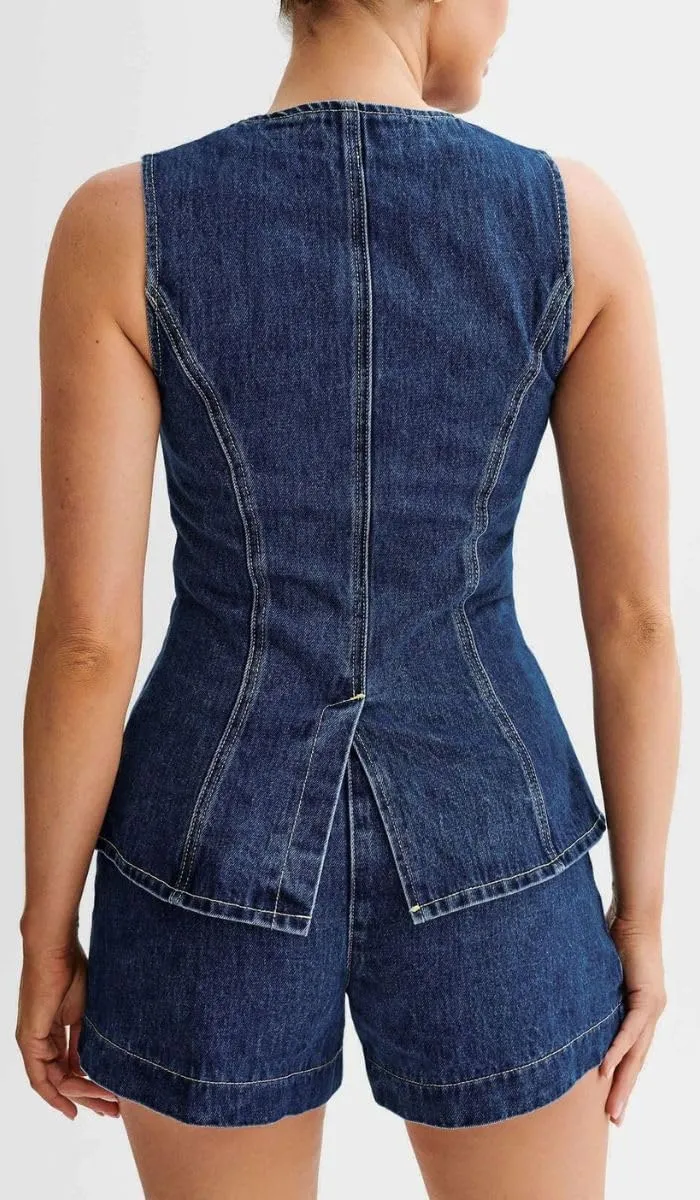 ELFTOWN Women's Denim 2 Piece Outfits Casual Button Down Sleeveless Top Trendy High Waist Jean Shorts