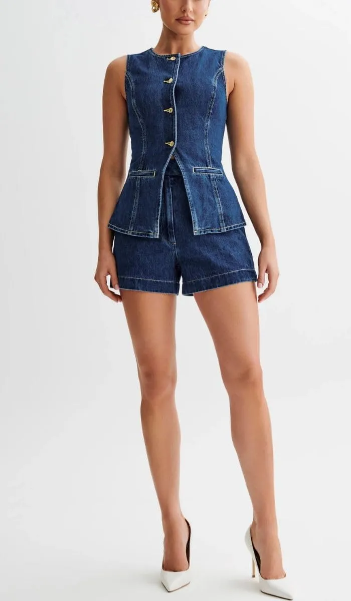 ELFTOWN Women's Denim 2 Piece Outfits Casual Button Down Sleeveless Top Trendy High Waist Jean Shorts