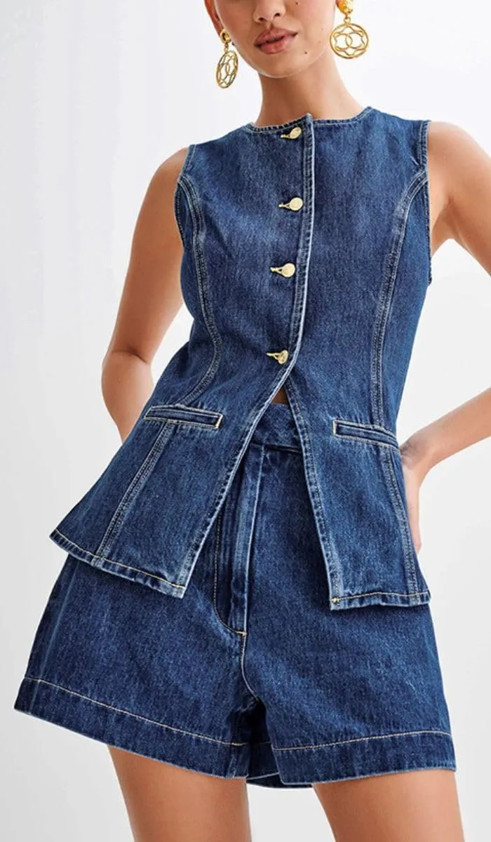 ELFTOWN Women's Denim 2 Piece Outfits Casual Button Down Sleeveless Top Trendy High Waist Jean Shorts