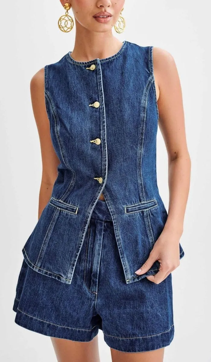 ELFTOWN Women's Denim 2 Piece Outfits Casual Button Down Sleeveless Top Trendy High Waist Jean Shorts