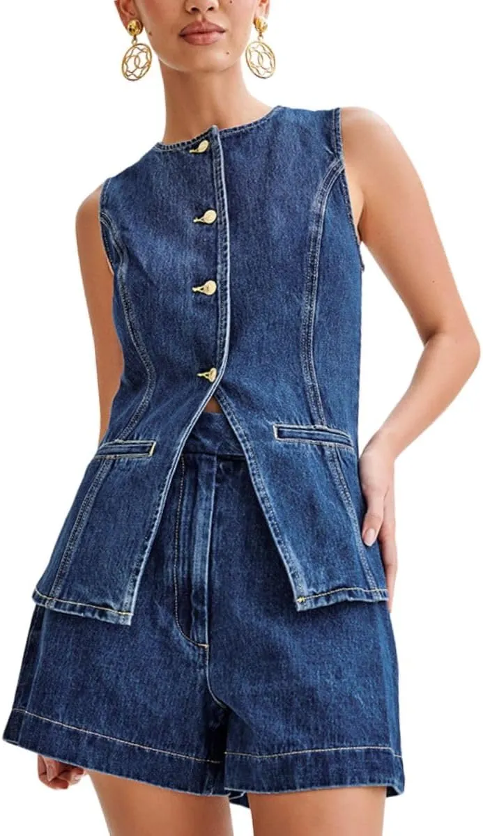 ELFTOWN Women's Denim 2 Piece Outfits Casual Button Down Sleeveless Top Trendy High Waist Jean Shorts