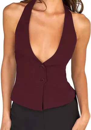 Fanway&EC Women's Casual V Neck Button Front Crop Vest Sleeveless Sexy Halter Backless Waistcoat Jacket