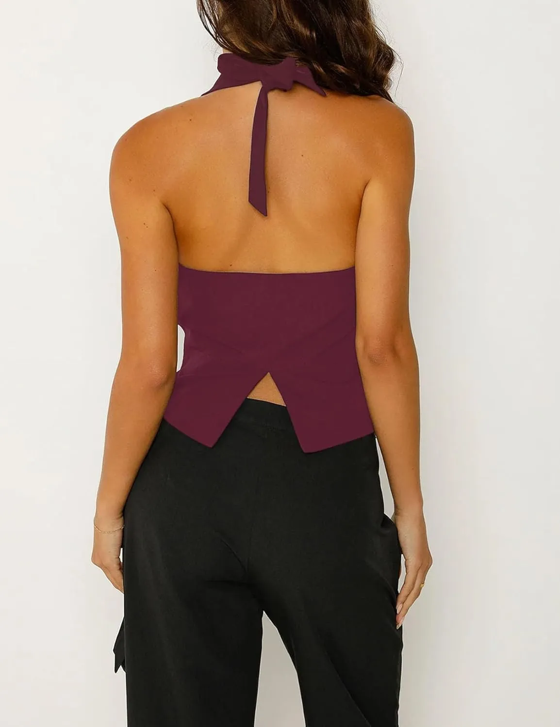 Fanway&EC Women's Casual V Neck Button Front Crop Vest Sleeveless Sexy Halter Backless Waistcoat Jacket