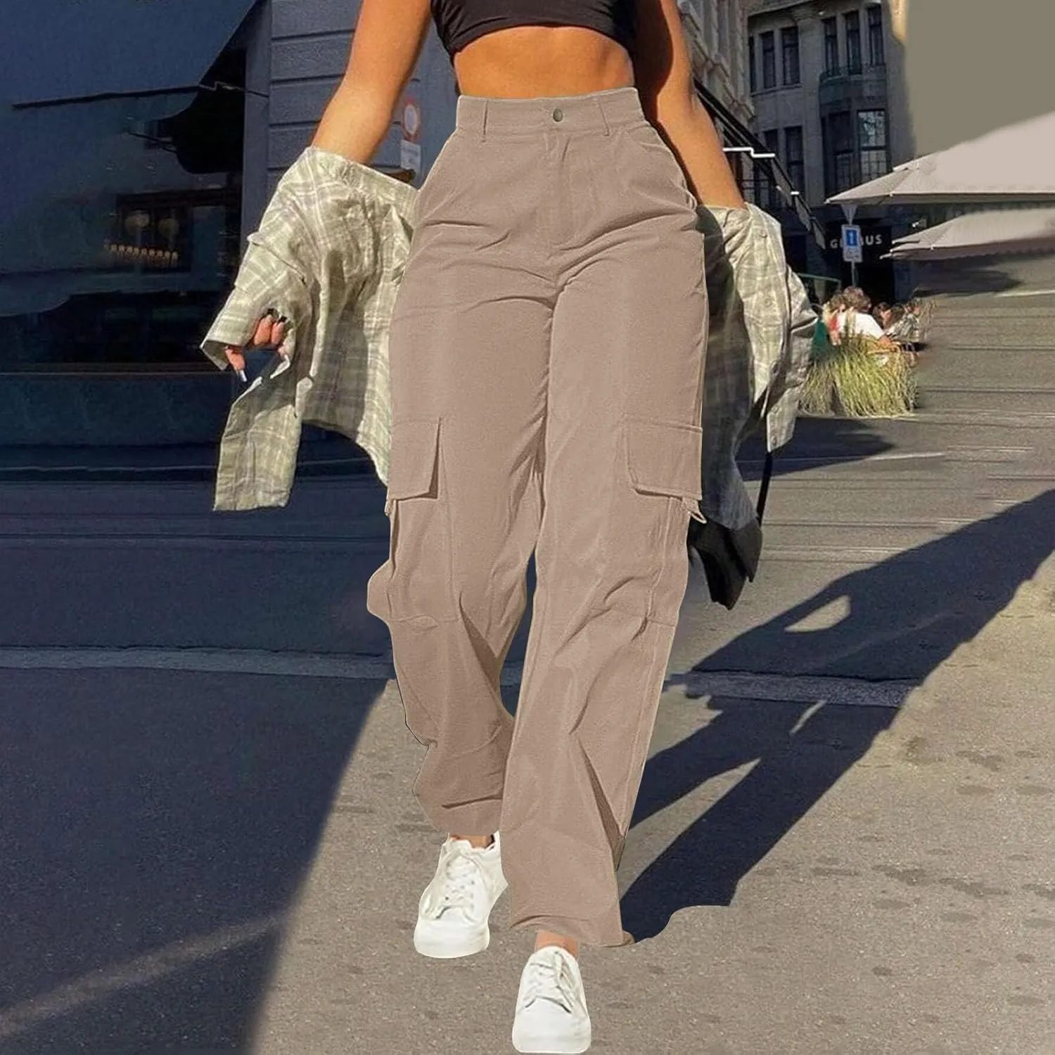 fartey Women's Cargo Pants Stretchy Button High Waist Casual Pants Wide Leg Loose Baggy Y2K Trousers Teen Girls Streetwear