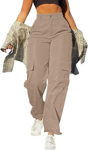 fartey Women's Cargo Pants Stretchy Button High Waist Casual Pants Wide Leg Loose Baggy Y2K Trousers Teen Girls Streetwear