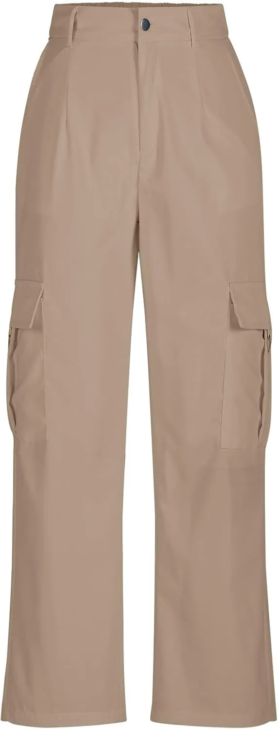 fartey Women's Cargo Pants Stretchy Button High Waist Casual Pants Wide Leg Loose Baggy Y2K Trousers Teen Girls Streetwear