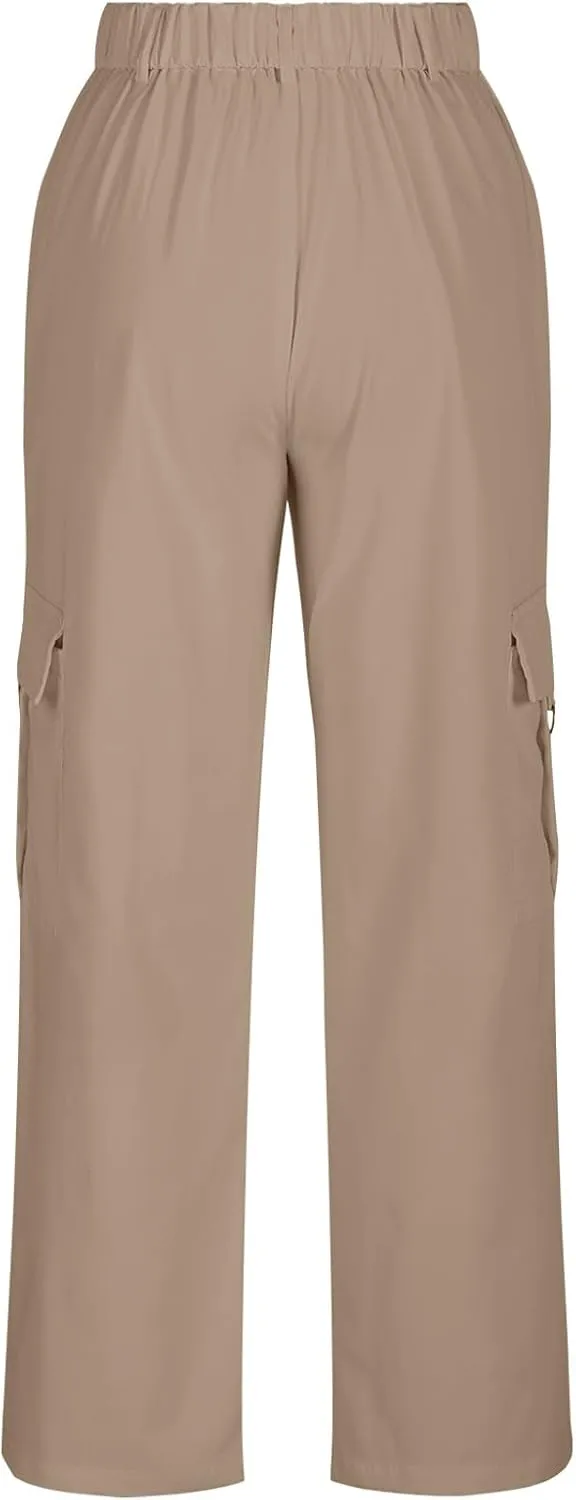 fartey Women's Cargo Pants Stretchy Button High Waist Casual Pants Wide Leg Loose Baggy Y2K Trousers Teen Girls Streetwear