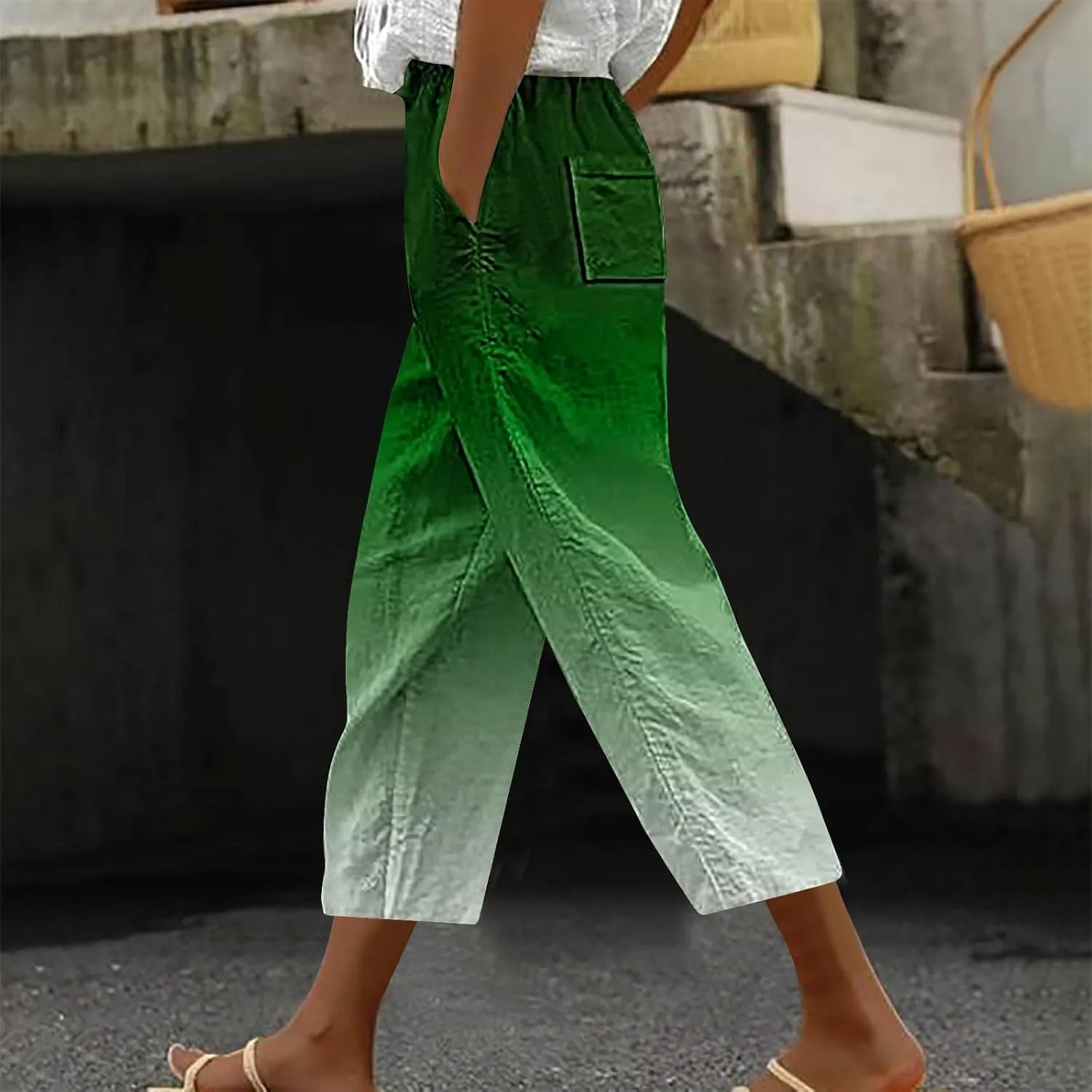 fartey Womens Summer Pants Casual Drawstring Elastic High Waist Capri Pants Floral Print Wide Leg Cropped Pants Trousers