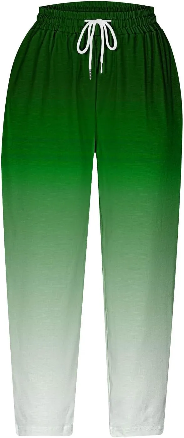 fartey Womens Summer Pants Casual Drawstring Elastic High Waist Capri Pants Floral Print Wide Leg Cropped Pants Trousers