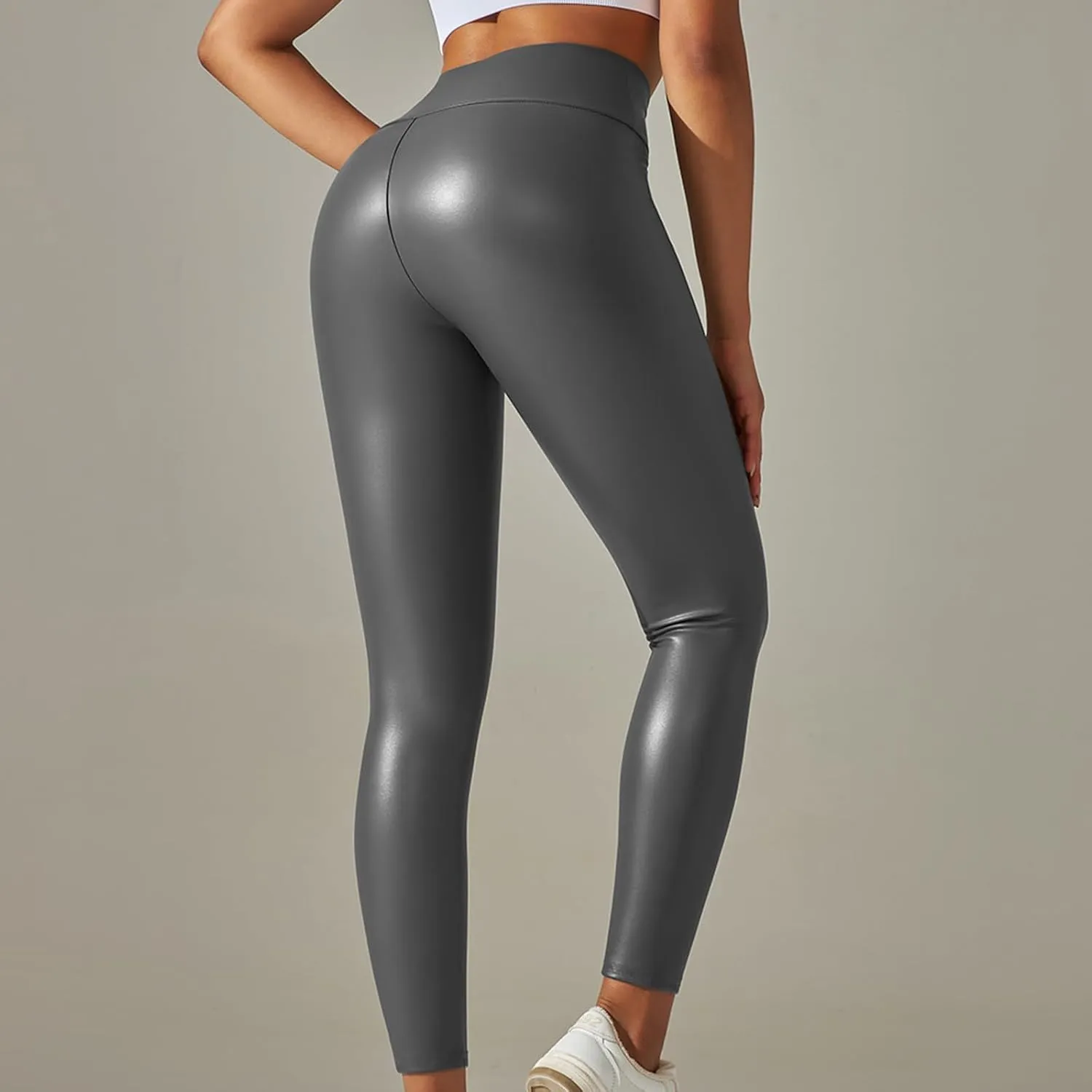 Faux Leather Leggings for Women Plus Size High Waist Pleather Pants Casual Slim Fit Elastic Waist Tights Trousers