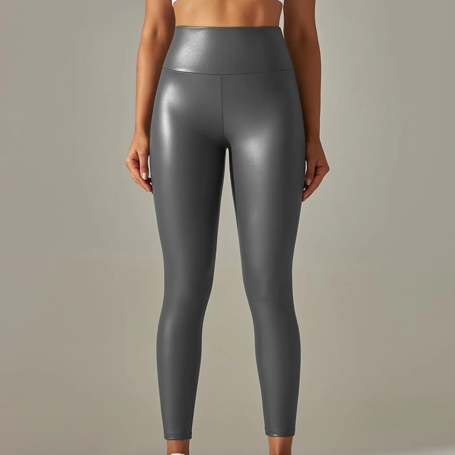 Faux Leather Leggings for Women Plus Size High Waist Pleather Pants Casual Slim Fit Elastic Waist Tights Trousers