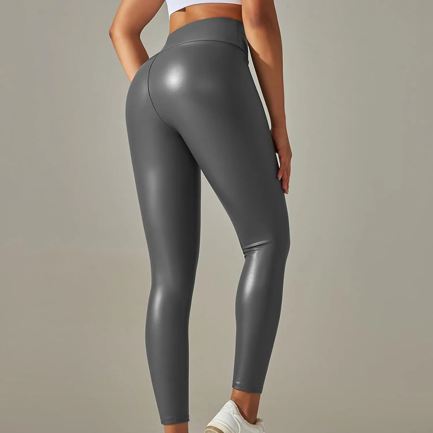 Faux Leather Leggings for Women Plus Size High Waist Pleather Pants Casual Slim Fit Elastic Waist Tights Trousers