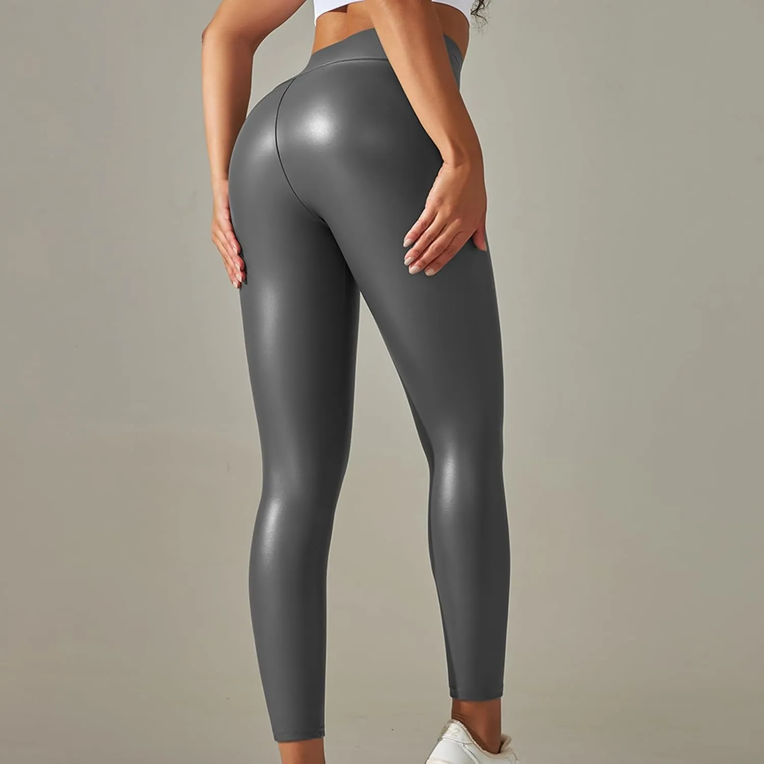 Faux Leather Leggings for Women Plus Size High Waist Pleather Pants Casual Slim Fit Elastic Waist Tights Trousers