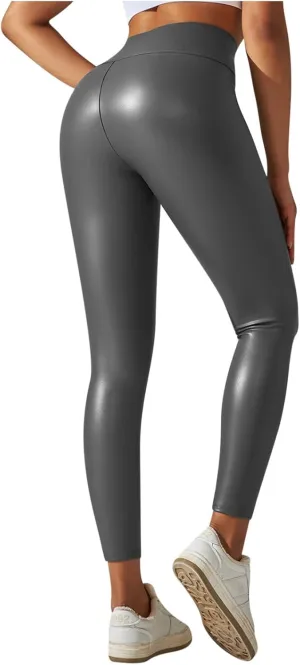 Faux Leather Leggings for Women Plus Size High Waist Pleather Pants Casual Slim Fit Elastic Waist Tights Trousers