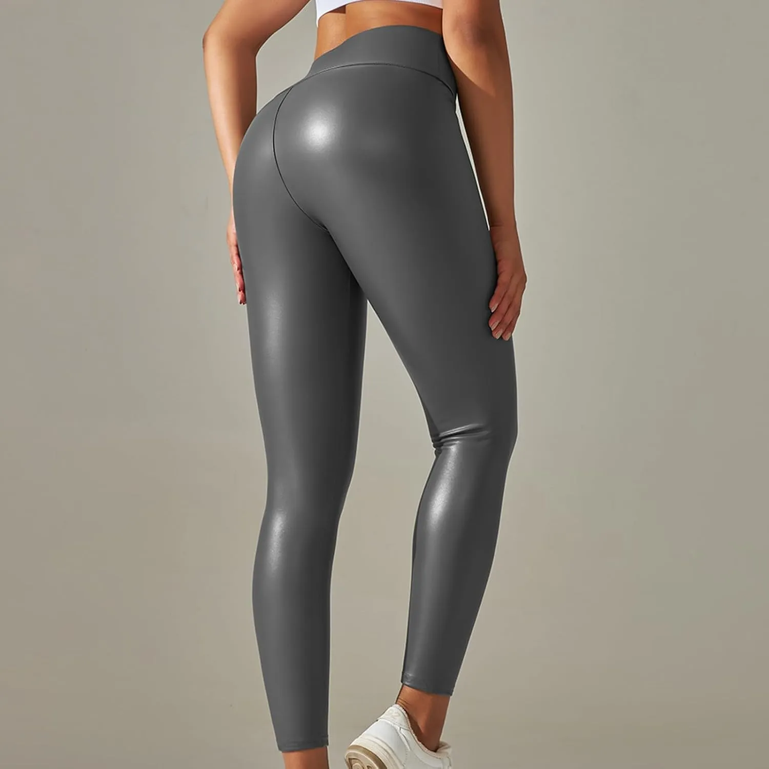 Faux Leather Leggings for Women Plus Size High Waist Pleather Pants Casual Slim Fit Elastic Waist Tights Trousers