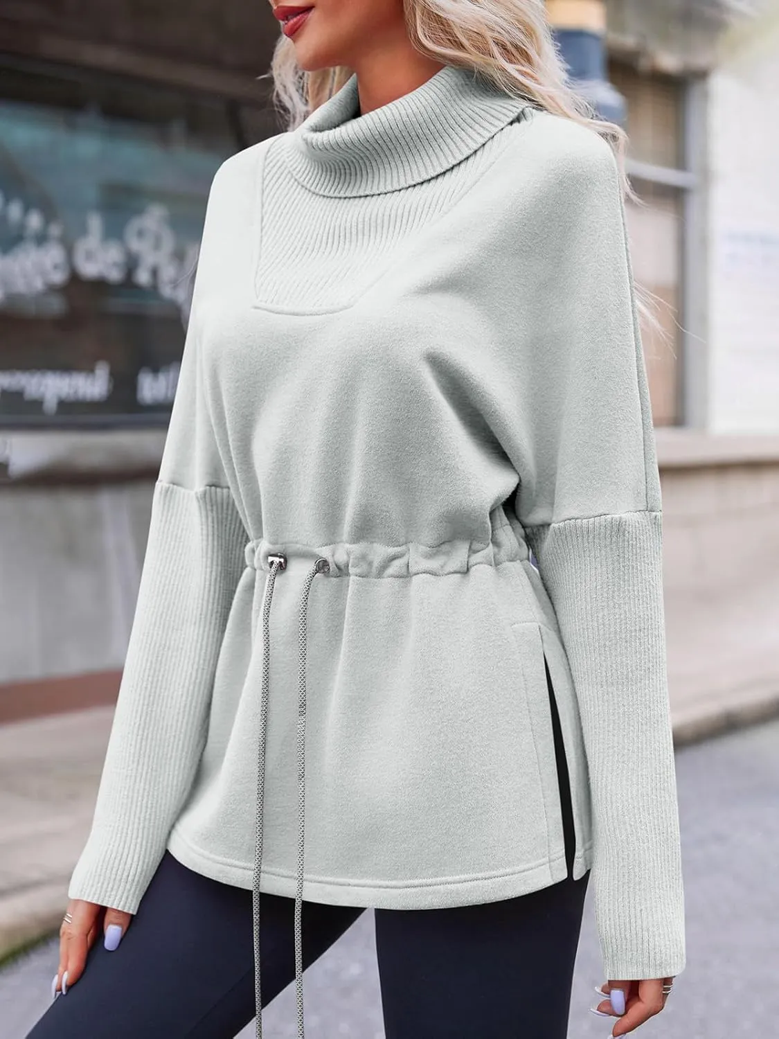 Fisoew Women's Turtleneck Sweatshirts Fleece Drawstring Waist Casual Long Sleeve Pullover Sweater Side Slit Tunic Tops