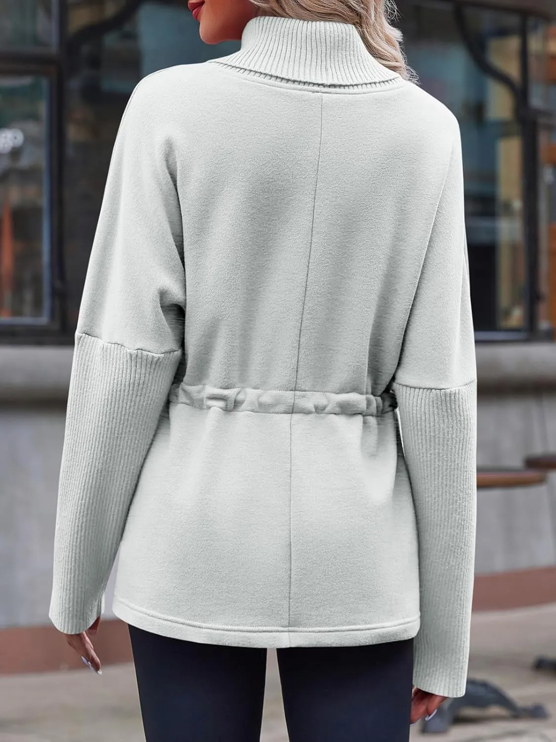 Fisoew Women's Turtleneck Sweatshirts Fleece Drawstring Waist Casual Long Sleeve Pullover Sweater Side Slit Tunic Tops