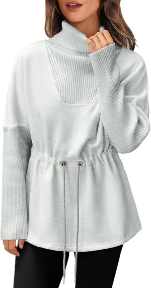 Fisoew Women's Turtleneck Sweatshirts Fleece Drawstring Waist Casual Long Sleeve Pullover Sweater Side Slit Tunic Tops