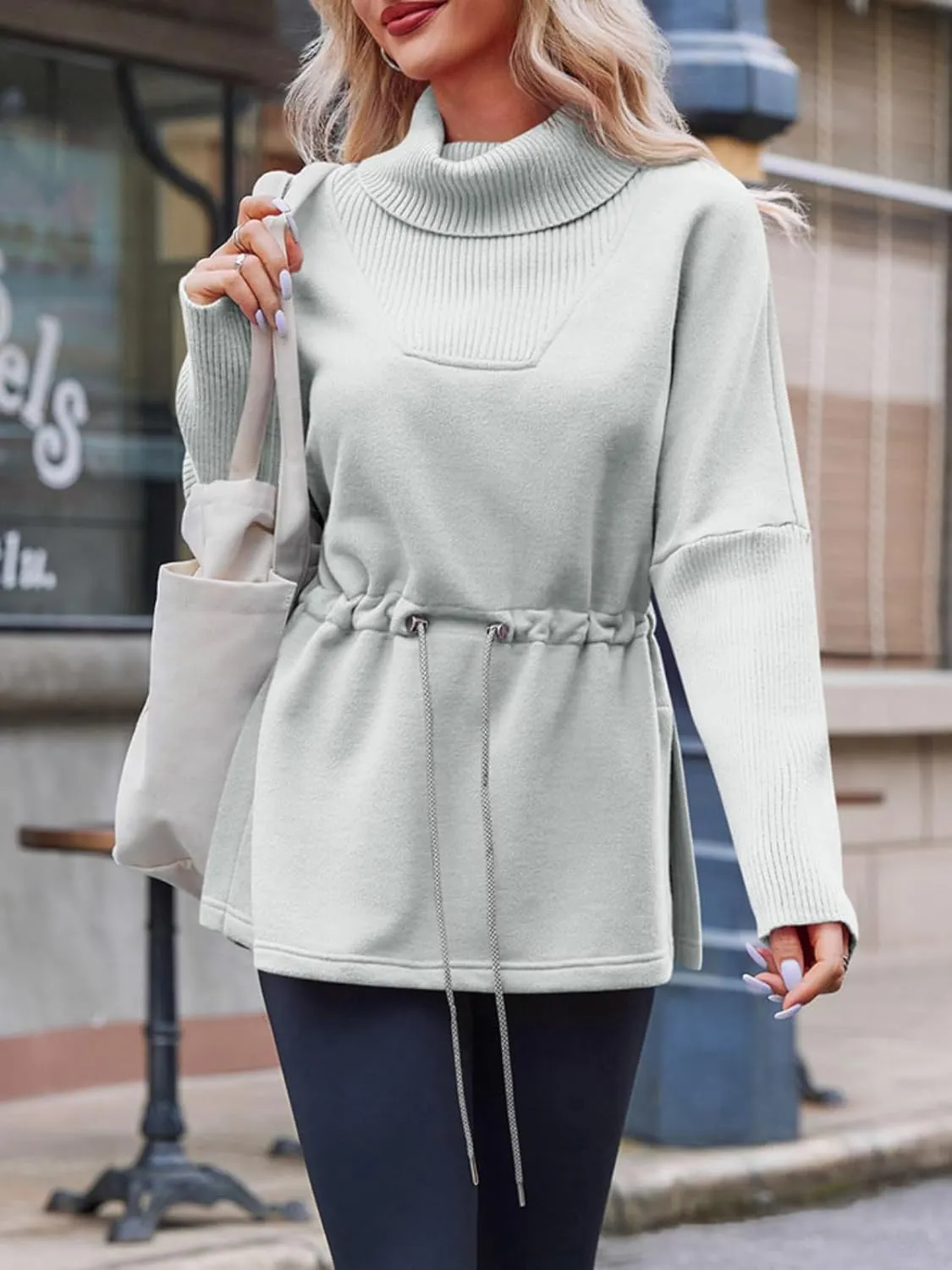 Fisoew Women's Turtleneck Sweatshirts Fleece Drawstring Waist Casual Long Sleeve Pullover Sweater Side Slit Tunic Tops