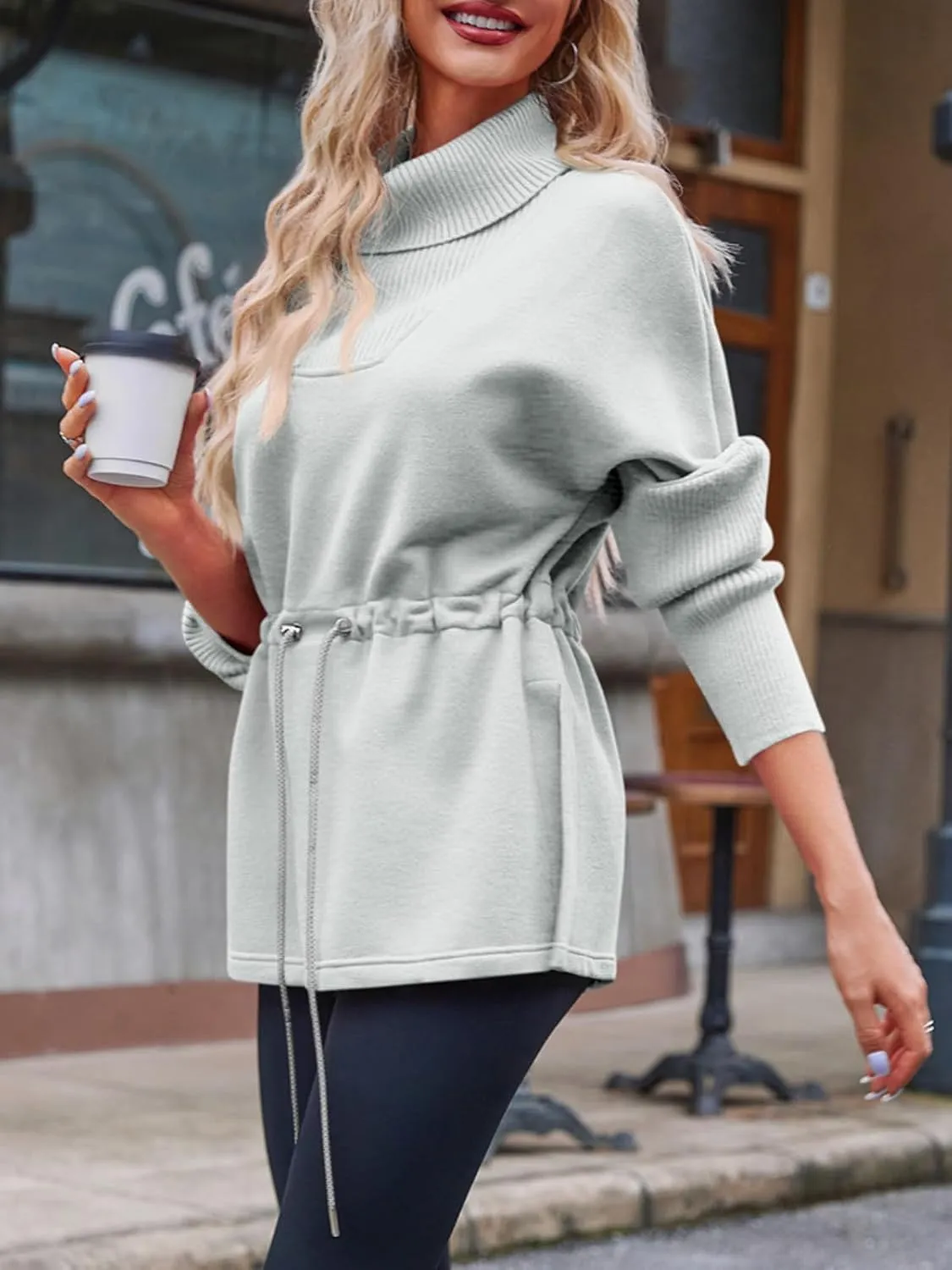 Fisoew Women's Turtleneck Sweatshirts Fleece Drawstring Waist Casual Long Sleeve Pullover Sweater Side Slit Tunic Tops