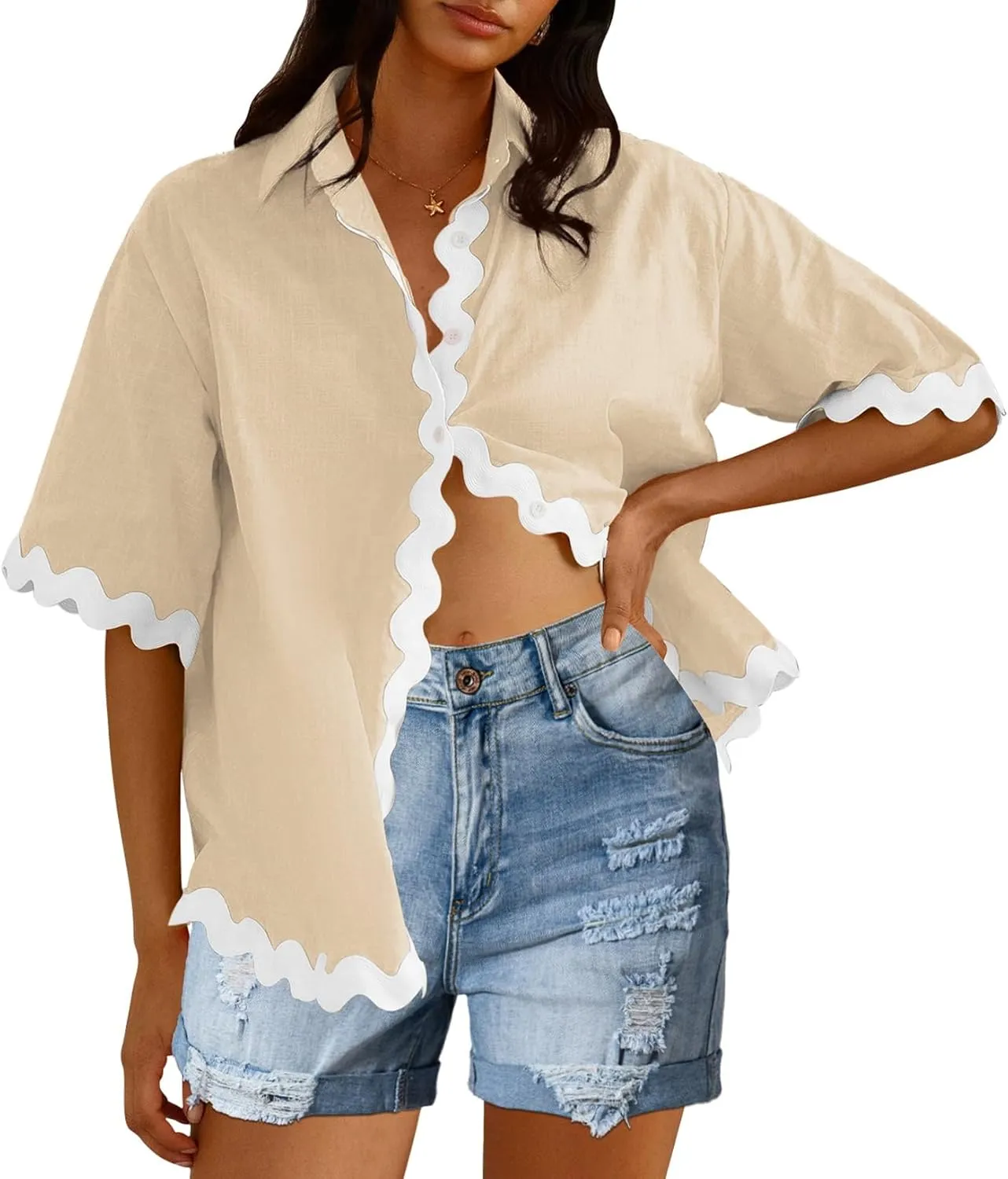 Fixmatti Women Two Piece Summer Sets Short Sleeve Button Down Shirts Short Sets
