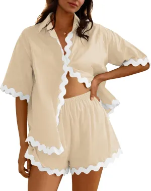 Fixmatti Women Two Piece Summer Sets Short Sleeve Button Down Shirts Short Sets