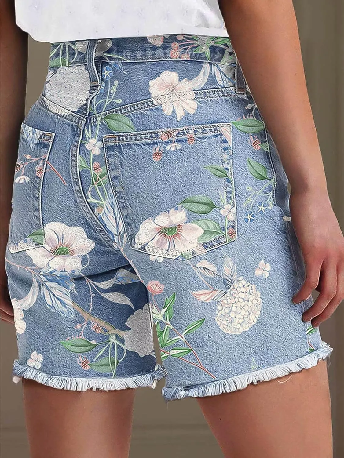 Flamingals High Waisted Denim Shorts for Women Floral Pattern Stretchy Mid Thigh Raw Hem Jean Shorts Summer Trendy