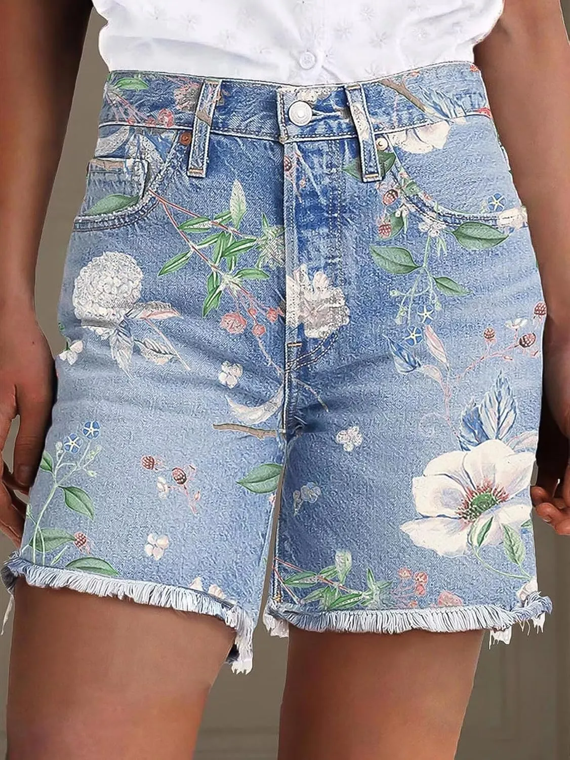 Flamingals High Waisted Denim Shorts for Women Floral Pattern Stretchy Mid Thigh Raw Hem Jean Shorts Summer Trendy