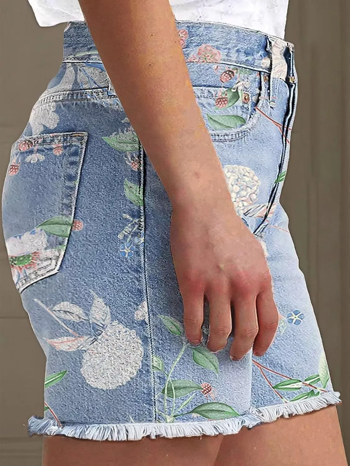 Flamingals High Waisted Denim Shorts for Women Floral Pattern Stretchy Mid Thigh Raw Hem Jean Shorts Summer Trendy