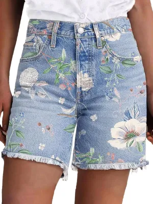 Flamingals High Waisted Denim Shorts for Women Floral Pattern Stretchy Mid Thigh Raw Hem Jean Shorts Summer Trendy