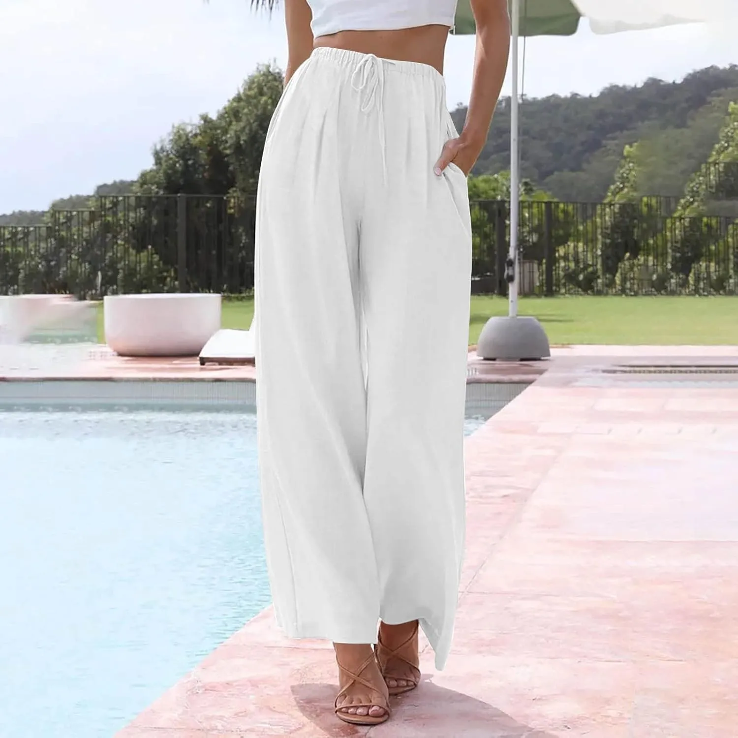 Flowy Wide Leg Linen Pants Women Summer Baggy Beach Vacation Palazzo Pants Casual High Waisted Pants with Pockets