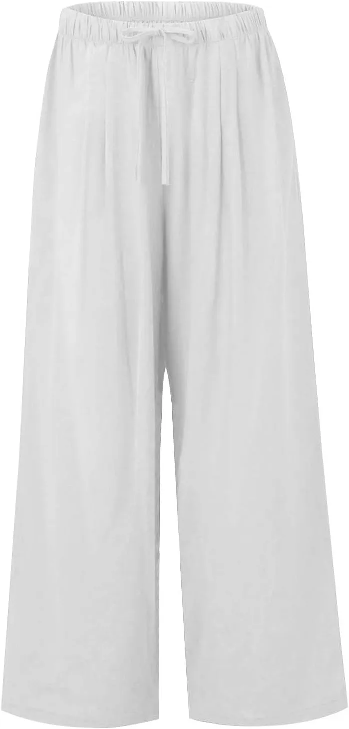 Flowy Wide Leg Linen Pants Women Summer Baggy Beach Vacation Palazzo Pants Casual High Waisted Pants with Pockets