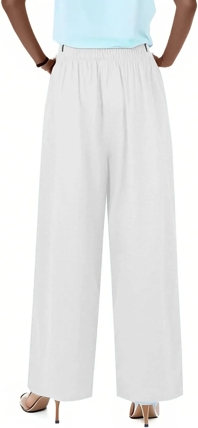 Flowy Wide Leg Linen Pants Women Summer Baggy Beach Vacation Palazzo Pants Casual High Waisted Pants with Pockets