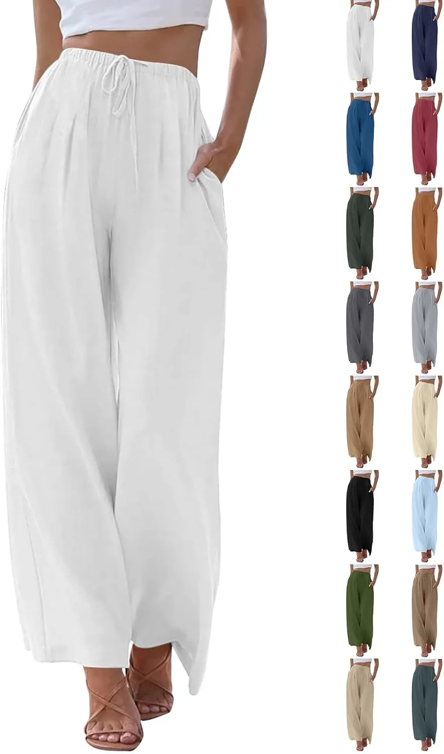Flowy Wide Leg Linen Pants Women Summer Baggy Beach Vacation Palazzo Pants Casual High Waisted Pants with Pockets