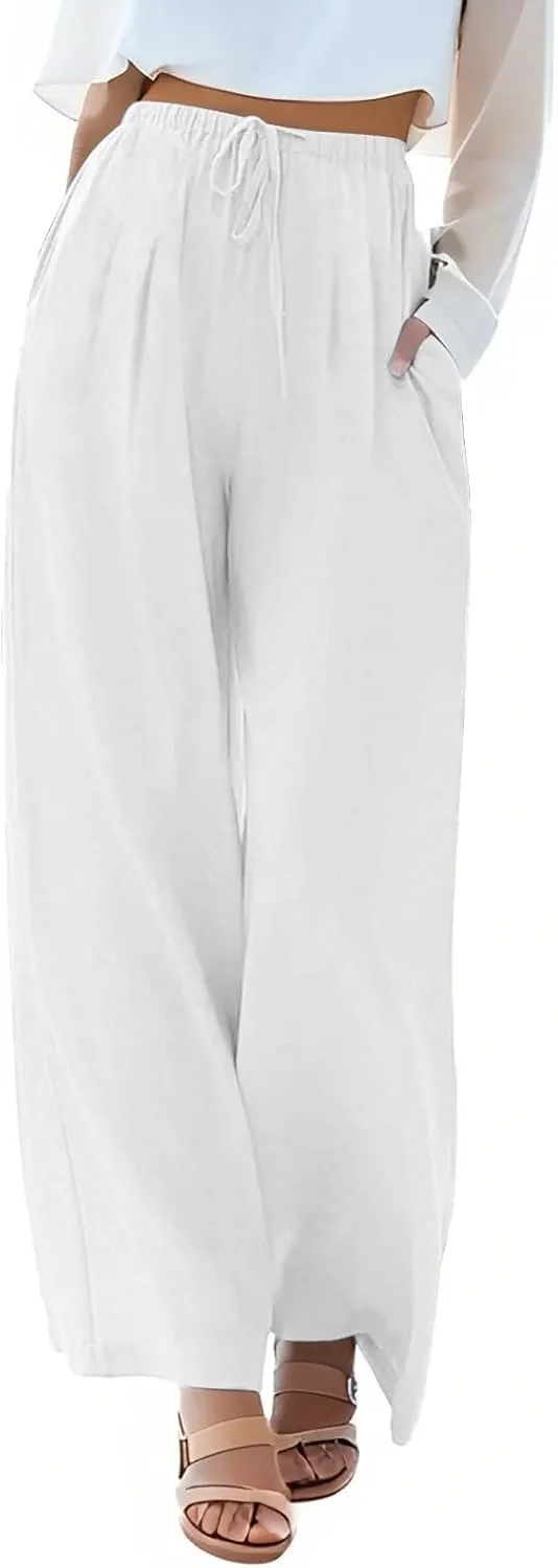 Flowy Wide Leg Linen Pants Women Summer Baggy Beach Vacation Palazzo Pants Casual High Waisted Pants with Pockets
