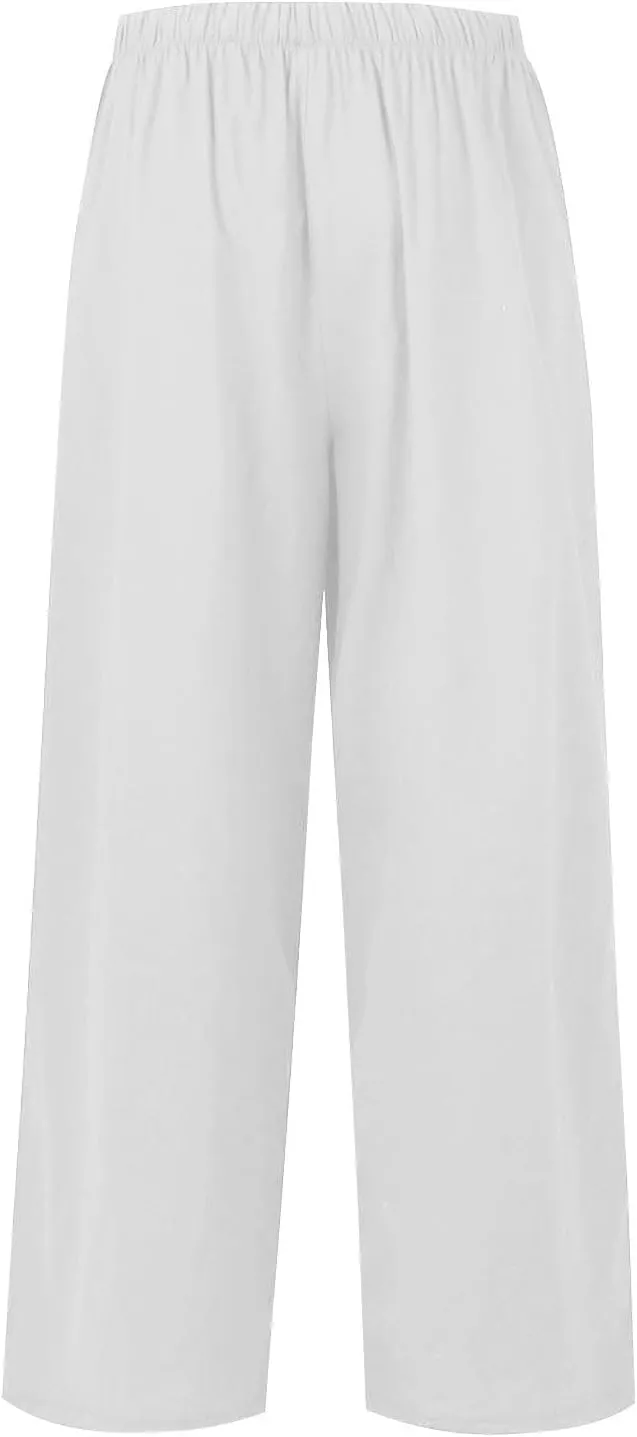 Flowy Wide Leg Linen Pants Women Summer Baggy Beach Vacation Palazzo Pants Casual High Waisted Pants with Pockets