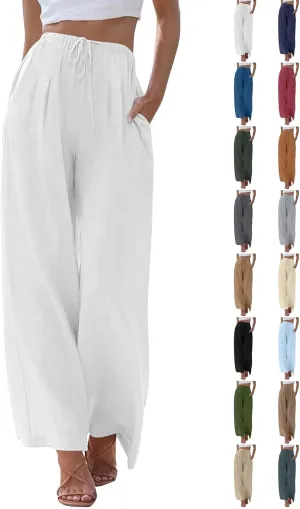 Flowy Wide Leg Linen Pants Women Summer Baggy Beach Vacation Palazzo Pants Casual High Waisted Pants with Pockets