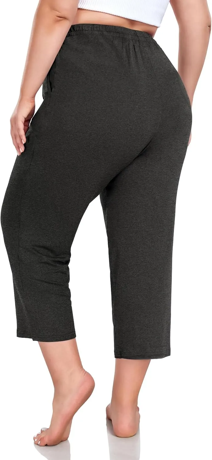 FOREYOND Plus Size Capri Pants for Women Loose Fit Yoga Pants Wide Leg Drawstring Sweat Pants Active Casual with Pockets