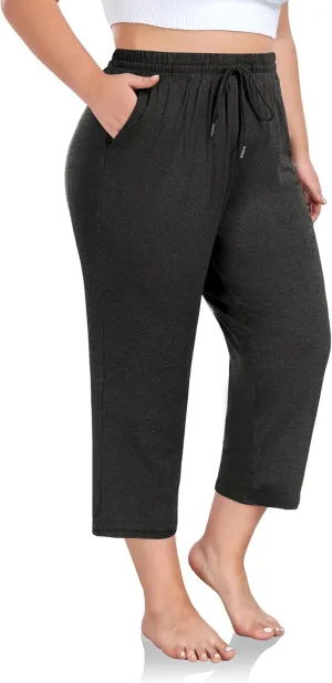 FOREYOND Plus Size Capri Pants for Women Loose Fit Yoga Pants Wide Leg Drawstring Sweat Pants Active Casual with Pockets