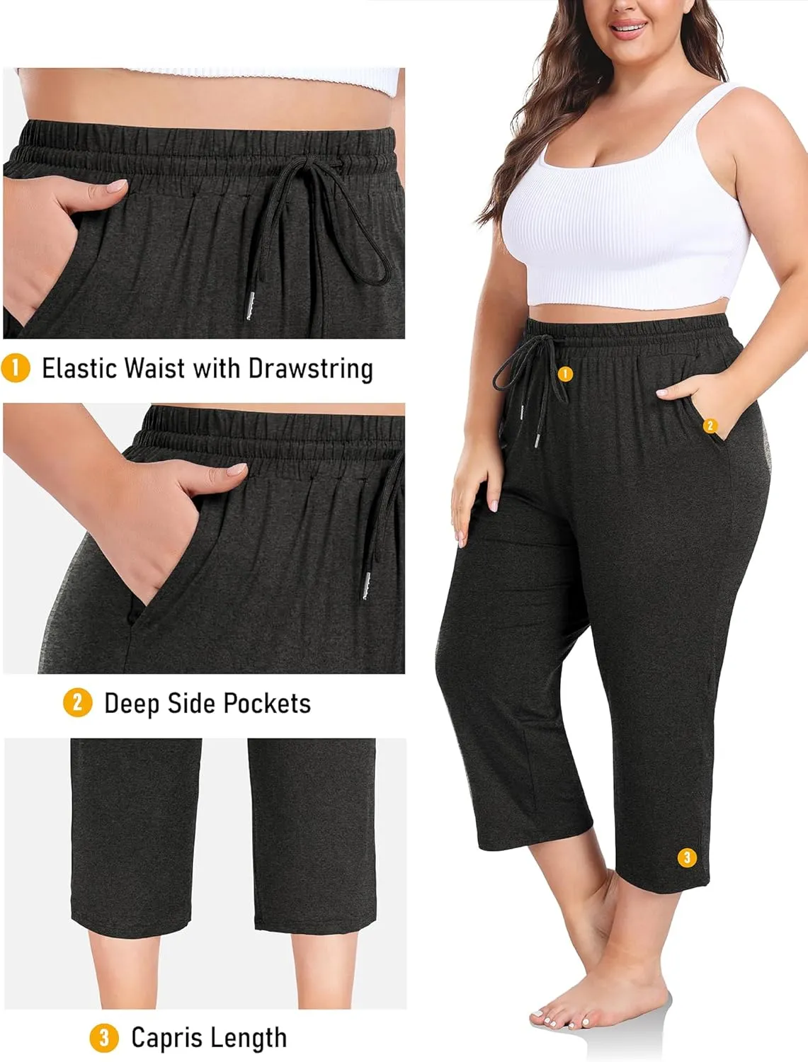 FOREYOND Plus Size Capri Pants for Women Loose Fit Yoga Pants Wide Leg Drawstring Sweat Pants Active Casual with Pockets
