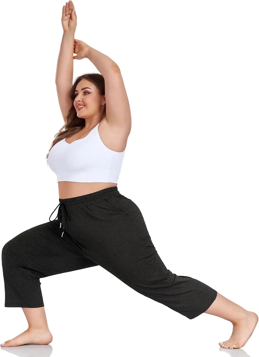 FOREYOND Plus Size Capri Pants for Women Loose Fit Yoga Pants Wide Leg Drawstring Sweat Pants Active Casual with Pockets
