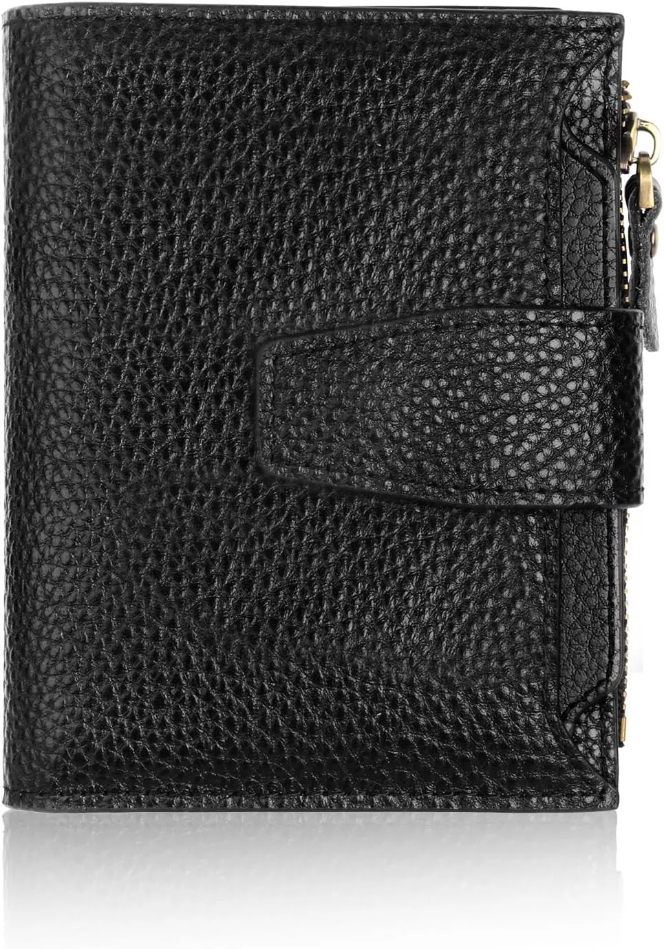 FT FUNTOR Small Wallet for Women Genuine Leather Bifold Compact RFID Blocking Zipper Pocket Ladies Credit Card Slots Purse with ID Window (Lychee Black)