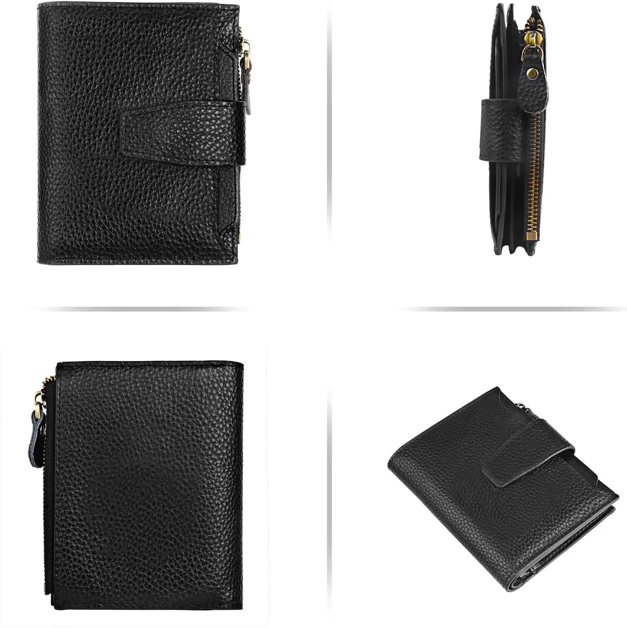 FT FUNTOR Small Wallet for Women Genuine Leather Bifold Compact RFID Blocking Zipper Pocket Ladies Credit Card Slots Purse with ID Window (Lychee Black)