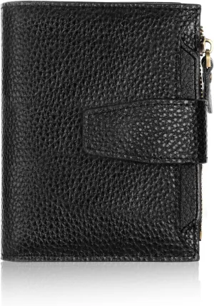 FT FUNTOR Small Wallet for Women Genuine Leather Bifold Compact RFID Blocking Zipper Pocket Ladies Credit Card Slots Purse with ID Window (Lychee Black)
