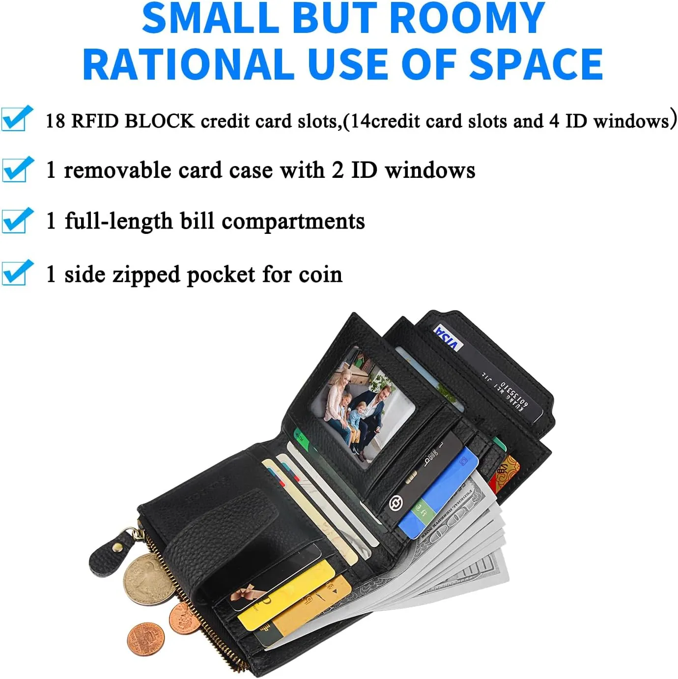 FT FUNTOR Small Wallet for Women Genuine Leather Bifold Compact RFID Blocking Zipper Pocket Ladies Credit Card Slots Purse with ID Window (Lychee Black)