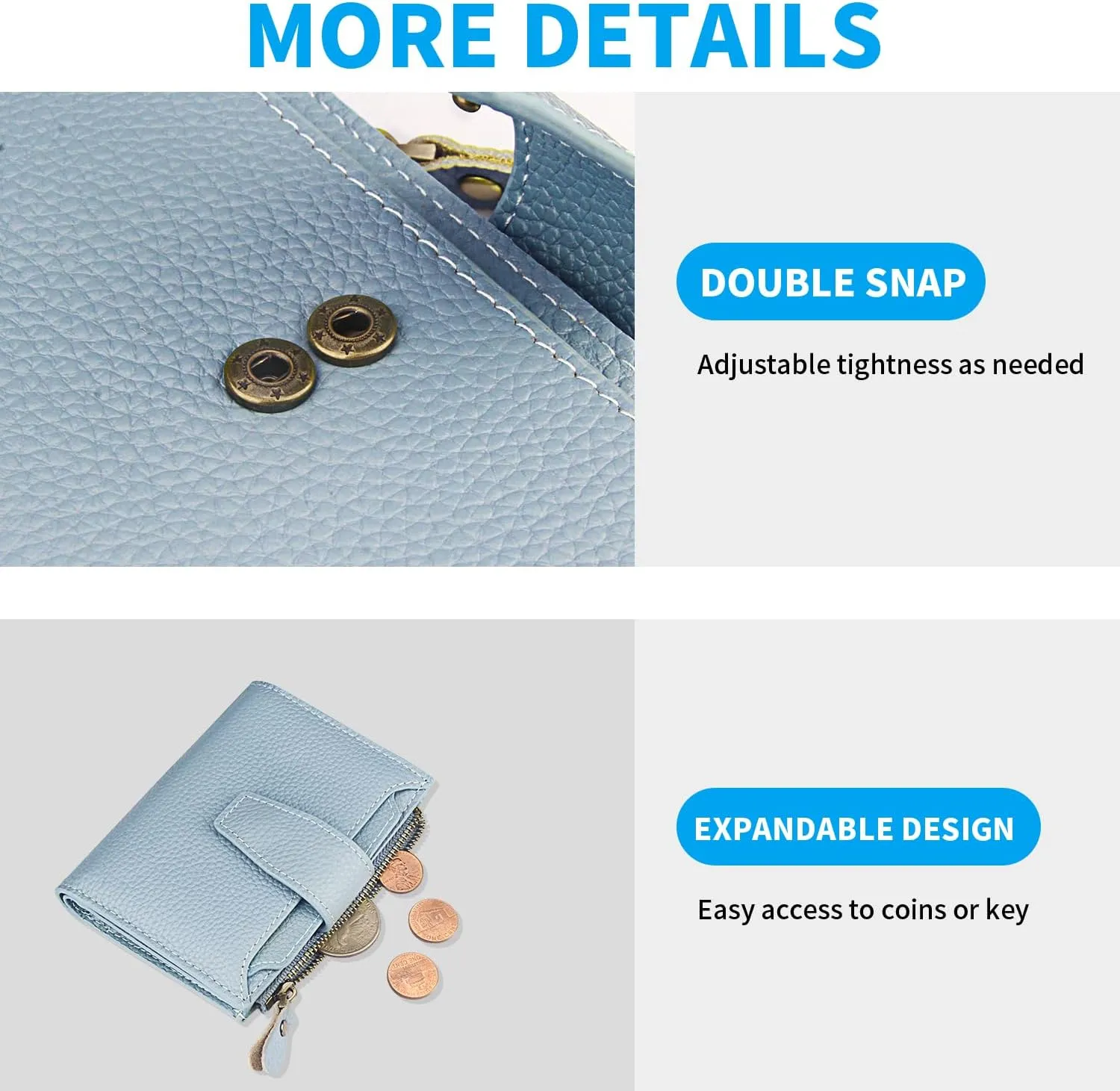 FT FUNTOR Small Wallet for Women Genuine Leather Bifold Compact RFID Blocking Zipper Pocket Ladies Credit Card Slots Purse with ID Window (Lychee Blue)