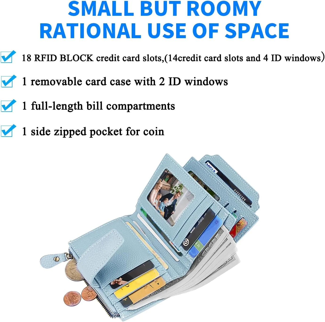 FT FUNTOR Small Wallet for Women Genuine Leather Bifold Compact RFID Blocking Zipper Pocket Ladies Credit Card Slots Purse with ID Window (Lychee Blue)